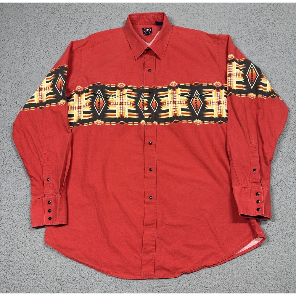 Panhandle Slim Shirt Mens XL Red Geometric Long Sleeve Pearl Snap Western Cowboy